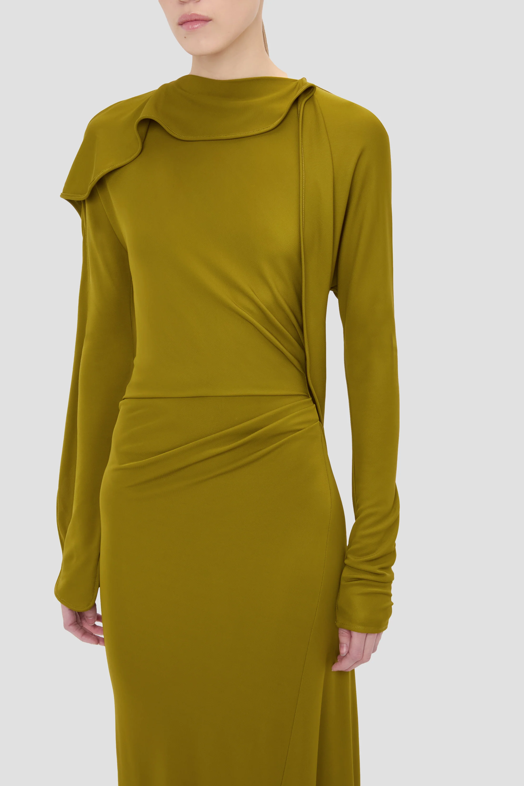 Closed Neck Drape Gown In Moss - Image 3