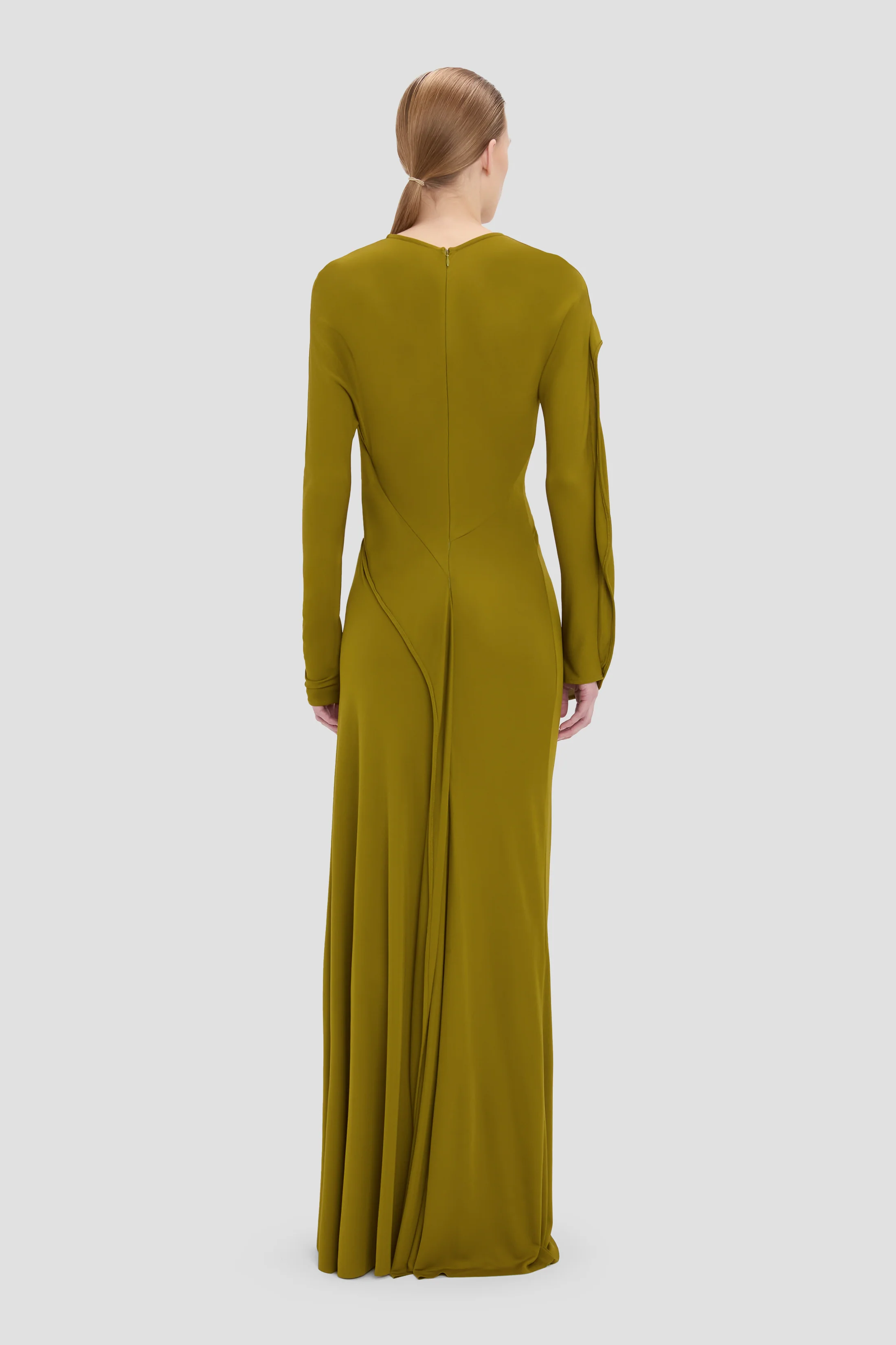 Closed Neck Drape Gown In Moss - Image 4