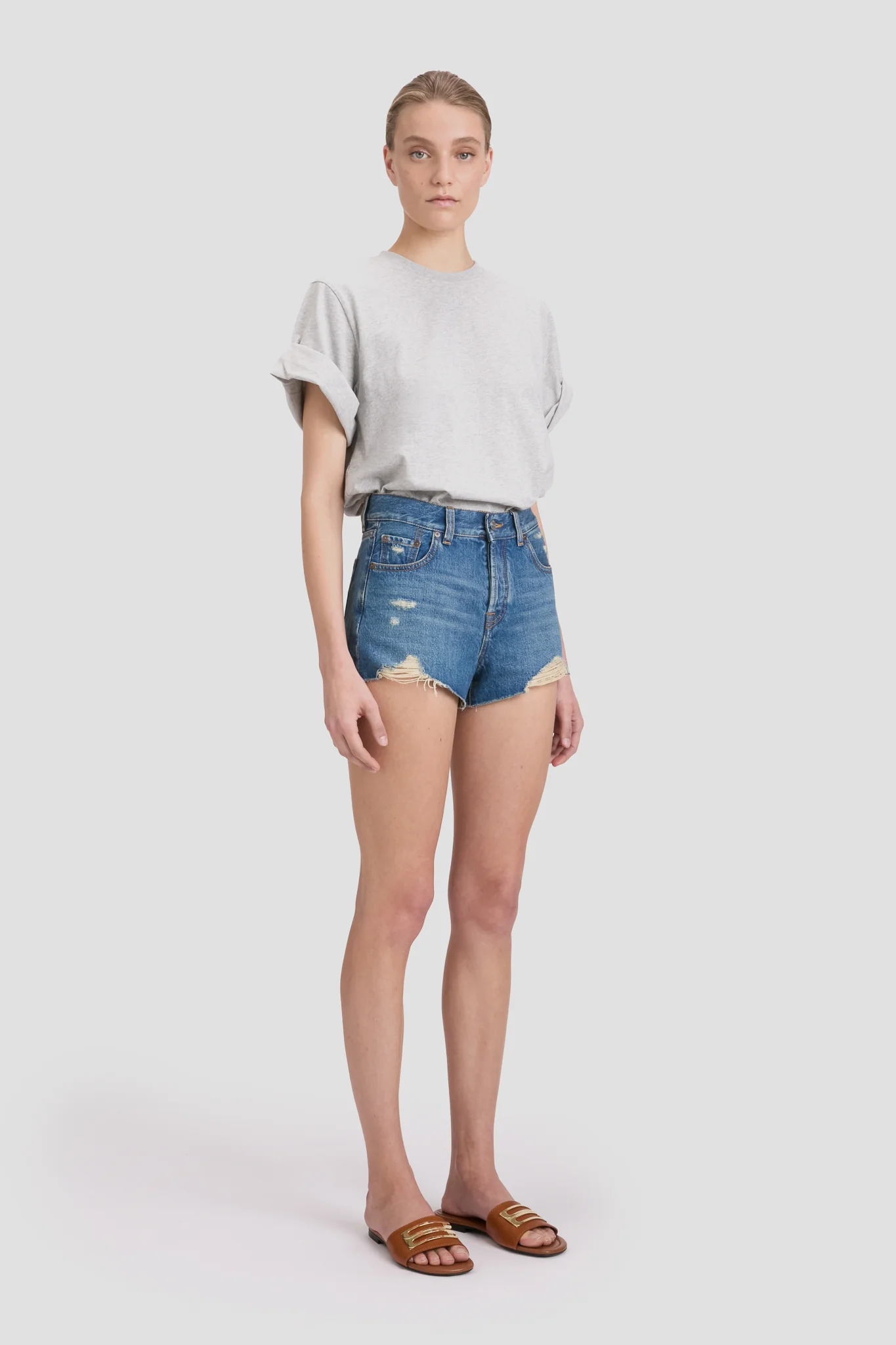 Distressed Shorts In Mid Blue Wash - Image 3