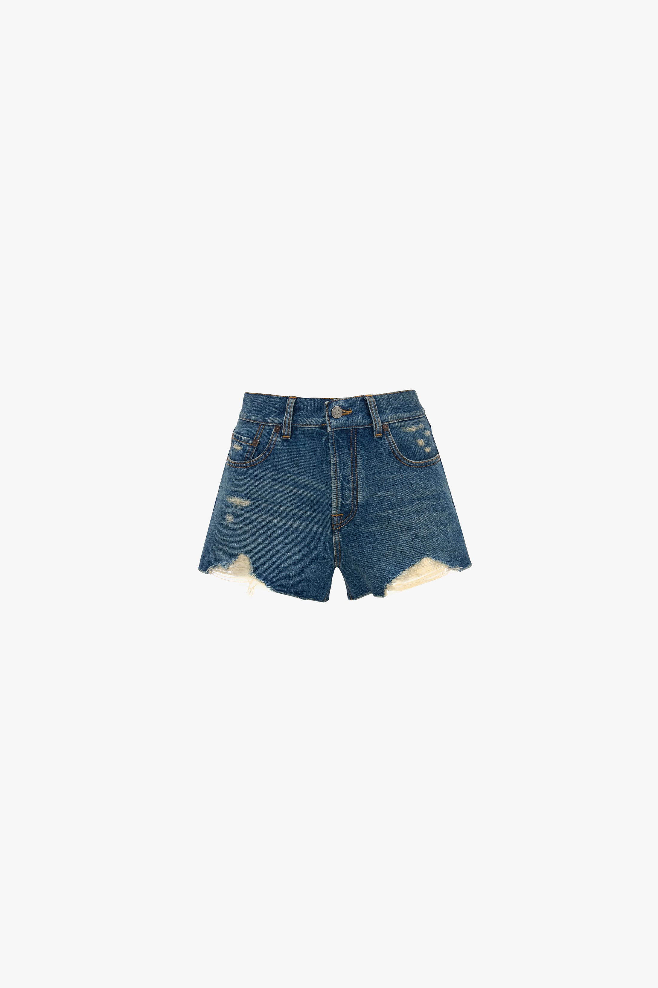 Distressed Shorts In Mid Blue Wash - Image 5