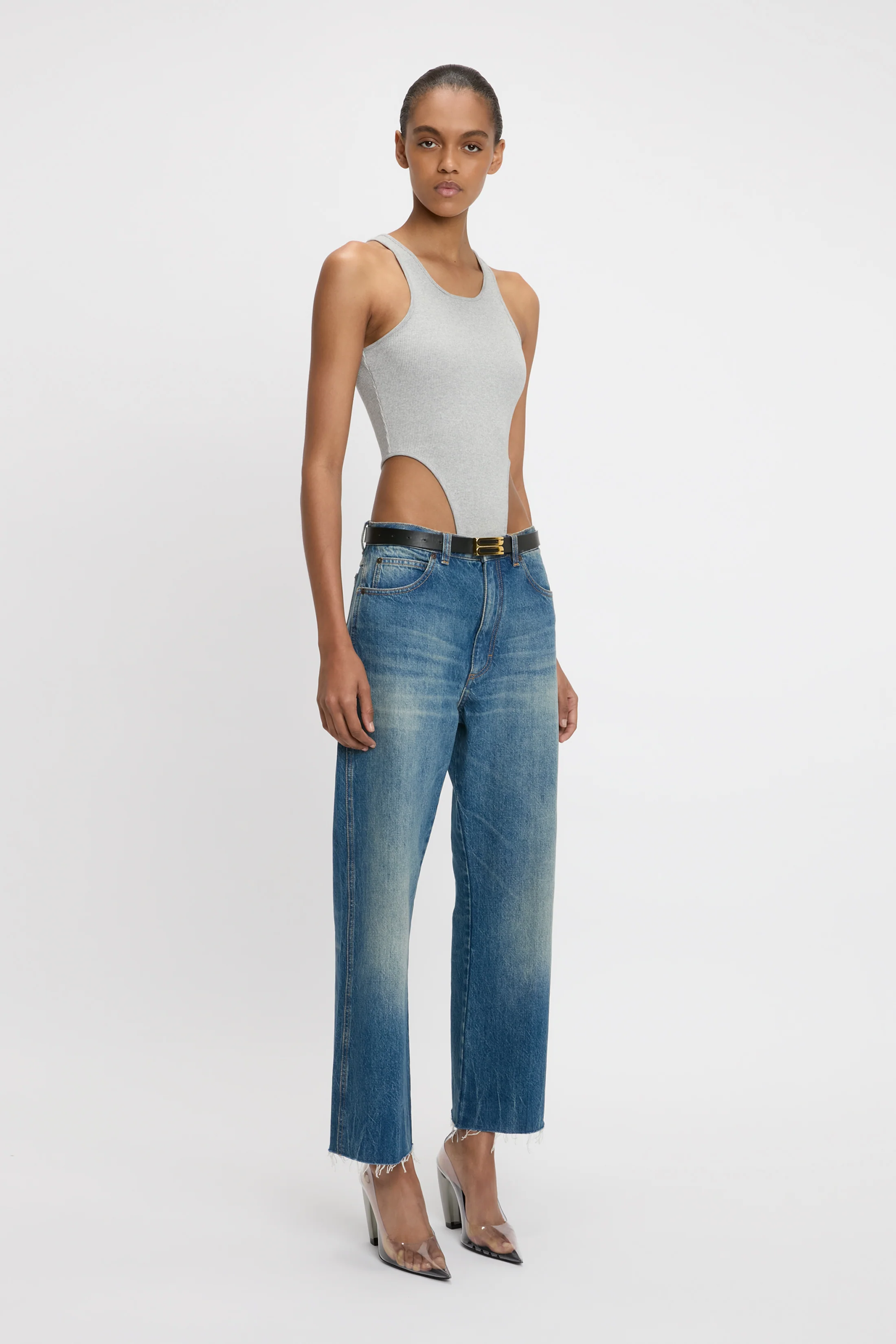 High Leg Bodysuit In Grey Marl - Image 2