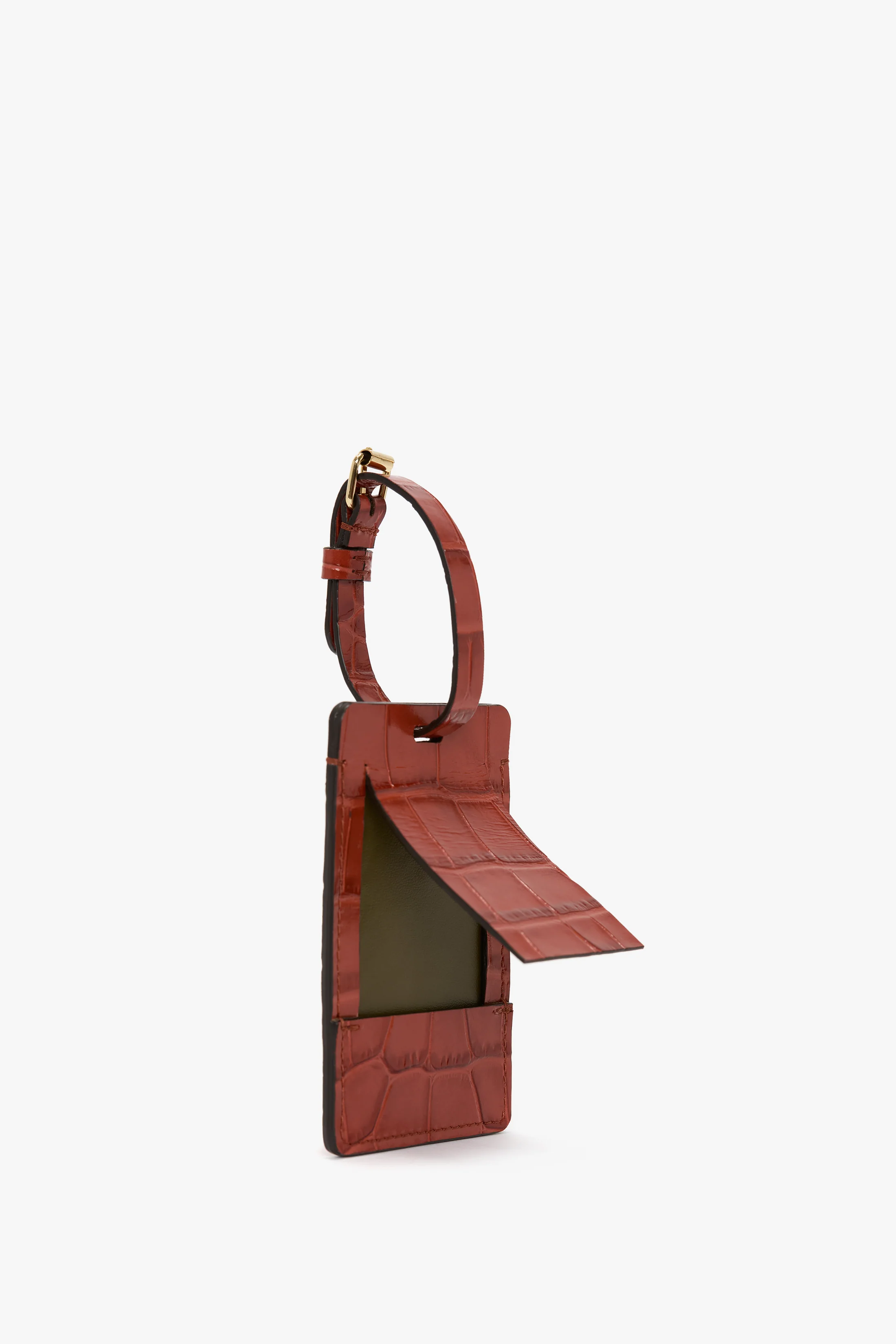Luggage Tag In Brick Red Croc Embossed Leather - Image 4