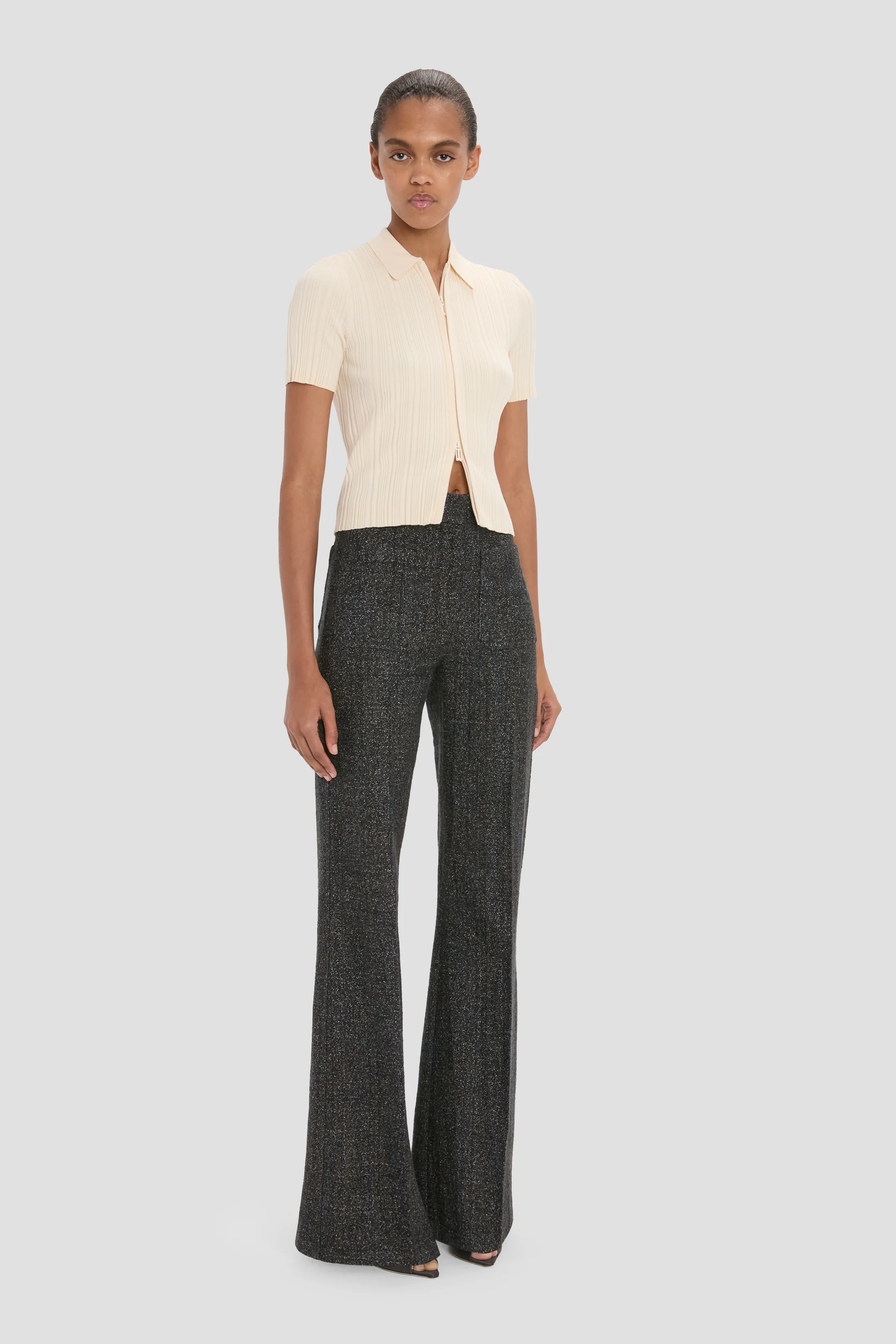 Ribbed Polo Top In Beige - Image 3