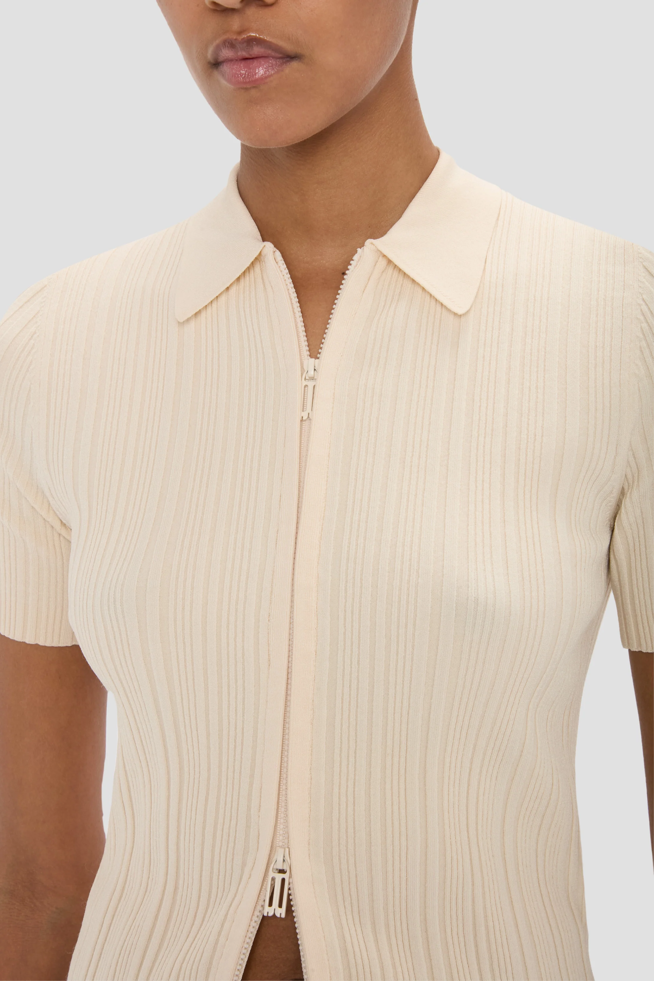 Ribbed Polo Top In Beige - Image 4